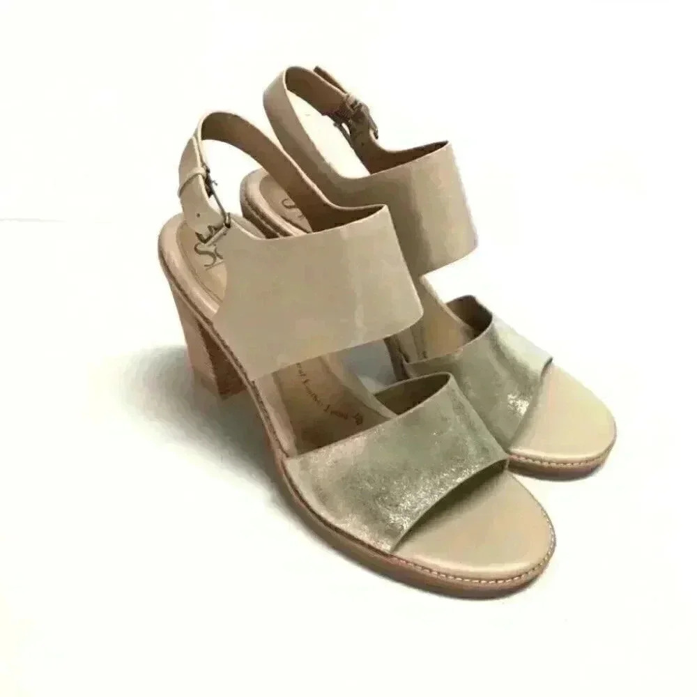 Sofft Pierz Womens 11 43 Leather Sandals Beige Silver Block Heels Buckle Padded